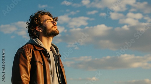 Young man inhales deeply outdoors facing sun. Blue sky with clouds and wind in his hair. He looks relaxed and satisfied. There is copy space on the right. This shot is great for wellness themes.
