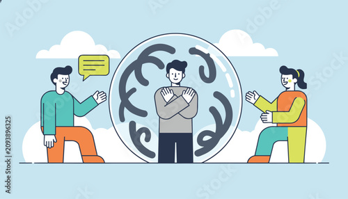 Introvert man enjoying his personal space and boundary bubble while social people attempt to engage in conversation.