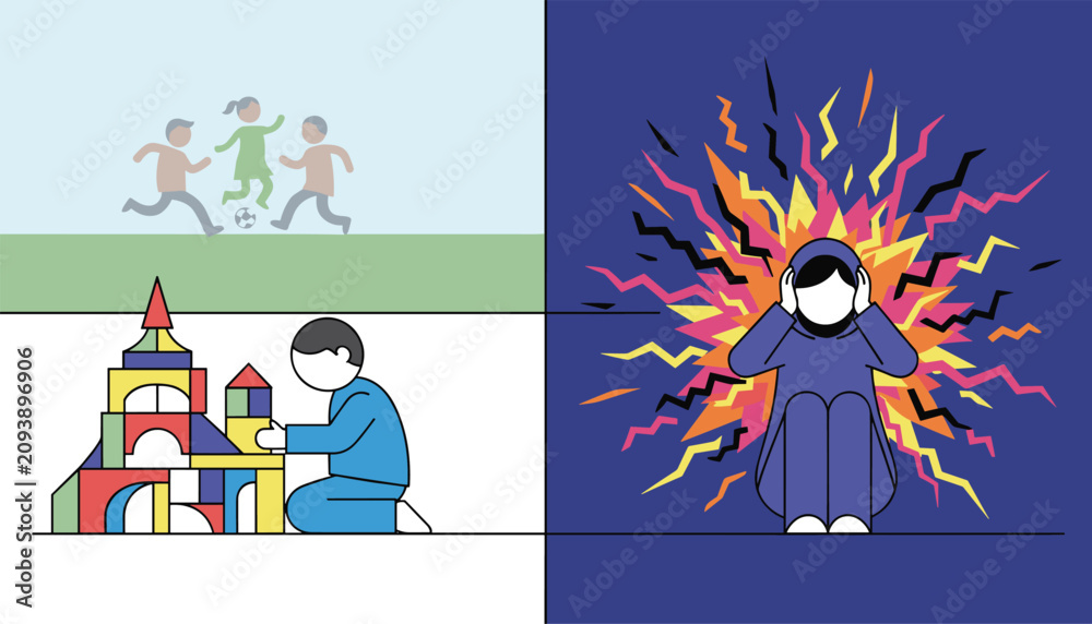 Fototapeta premium Autism and sensory overload illustration depicting children playing, a boy with blocks, and a person suffering from noise.