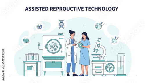 Assisted reproductive technology illustration showing doctors working in laboratory with medical equipment for IVF treatment.
