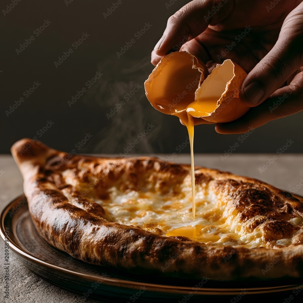 Fototapeta premium Egg cracking scene over Georgian khachapuri with melted cheese