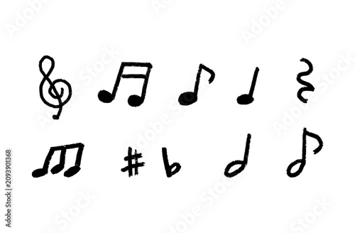 Black Hand-drawn Crayon Texture Music Note and Symbol Set, Vector Illustration