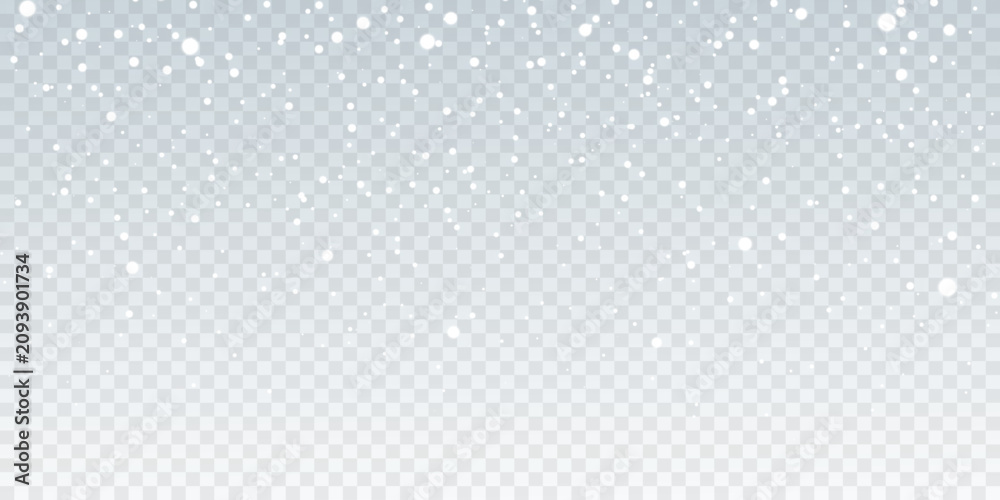 Obraz premium Elegant winter snowfall with floating white snowflakes and soft luminous bokeh. Transparent overlay isolated on a PNG background for Christmas and New Year graphics.