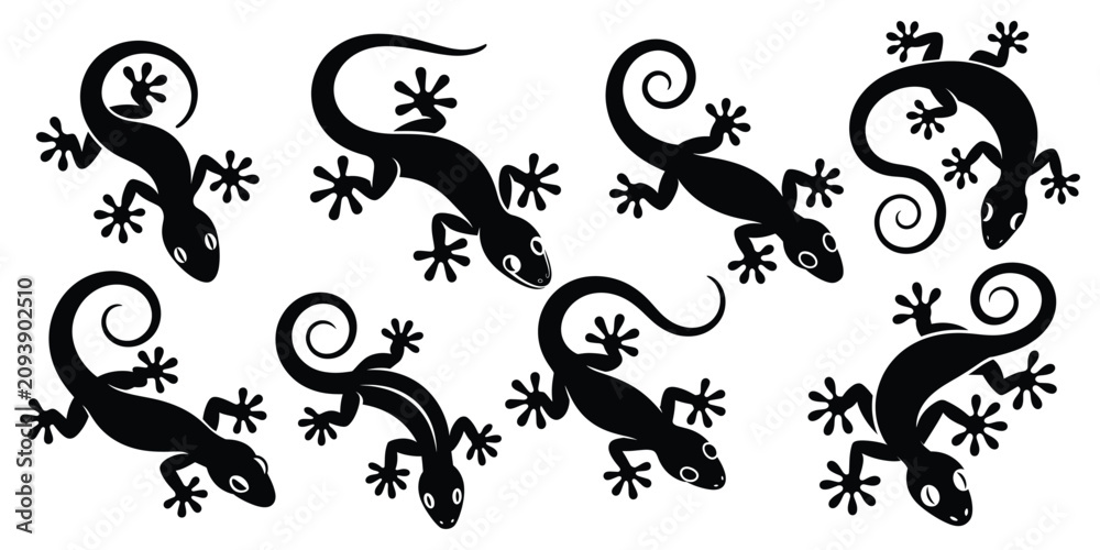 Obraz premium Gecko Lizard Silhouette Set, Lizard Gecko Silhouette Collection, Curled Tail Crawling Reptile Black Vector Icon Set