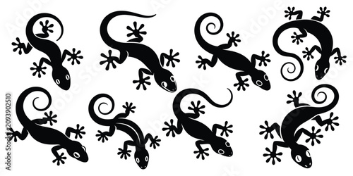 Fotografie Gecko Lizard Silhouette Set, Lizard Gecko Silhouette Collection, Curled Tail Cra