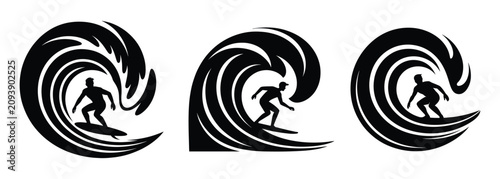 Photos Surfer Riding Barrel Wave Silhouette Set, Ocean Tube Curl Surfing Black Vector I