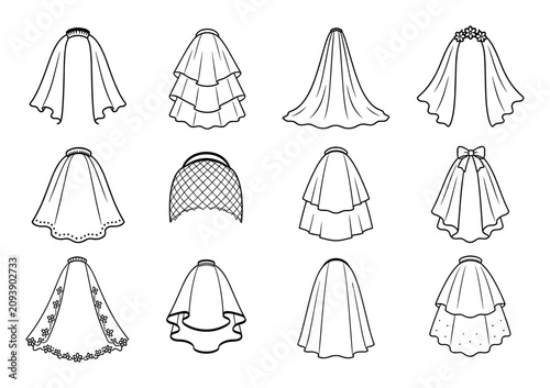 Bridal veil line art vector illustration set featuring various styles of wedding veils with combs, headbands, bows, and floral decorations