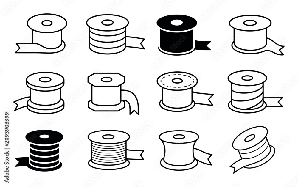 Obraz premium Black and white spool icons featuring various designs of thread bobbins and ribbon rolls for sewing tailoring and crafting projects