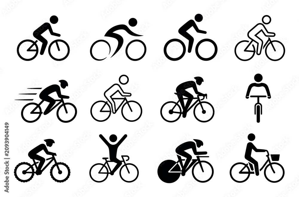 Obraz premium Bicycle rider stick figure icons set representing various cycling activities including road racing mountain biking and casual commuting