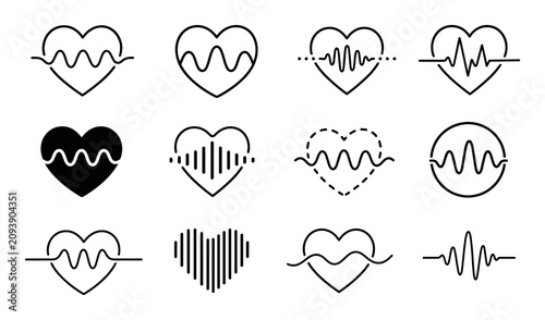 Heartbeat line icons set representing medical cardiogram and pulse rate monitoring symbols for healthcare and cardiology concepts