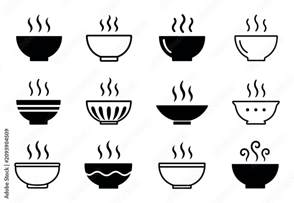 Fototapeta premium Hot soup bowl icons set featuring various black and white vector designs of steaming bowls for restaurant menus, food apps, and culinary branding