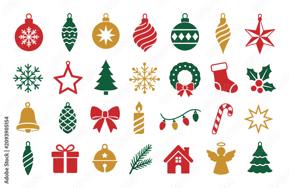 Fototapeta premium Christmas flat icon set with holiday elements including ornaments, snowflakes, trees, wreaths, stockings, bells, and candles in red, green, and gold colors