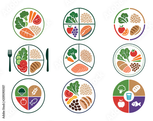 Healthy food plate icons with balanced diet portions including fresh vegetables fruits whole grains and lean proteins for nutritional wellness planning