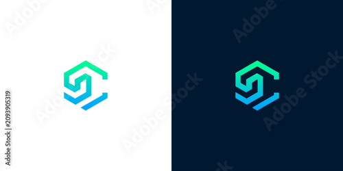 Minimalist geometric hexagon letter S and C logo design template for modern tech business