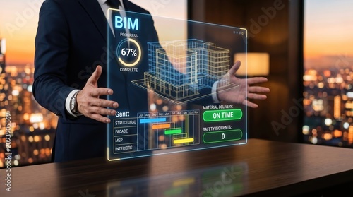 Building information modeling dashboard operated by professional hands through a glowing holographic interface displaying construction progress project scheduling material tracking