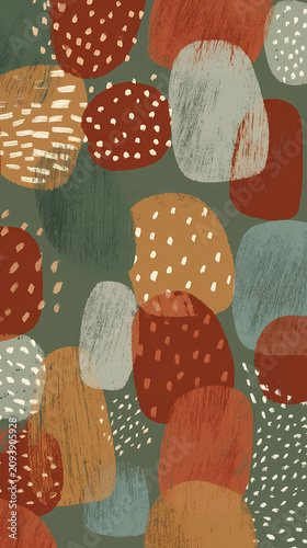 Minimalist Scandinavian-inspired doodle pattern featuring organic shapes and dots in muted terracotta and sage green, Generative AI illustrations.