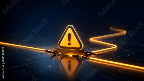 System breach and critical error concept with glowing warning sign emerging from illuminated crack in digital floor