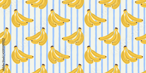 Striped banana seamless pattern. Healthy food picnic surface illustration. Hand drawn fruit restaurant ingredient design, cooking wallpaper print.