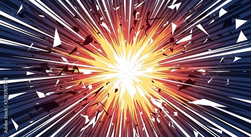 Abstract digital explosion of vibrant red and orange light rays.