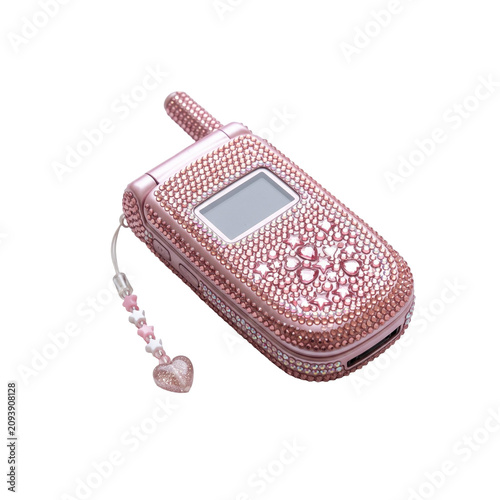 Bedazzled Pink Flip Phone with Heart Charm PNG Isolated on Transparent Background for Y2K Fashion, Retro Technology and Glamorous Designs
