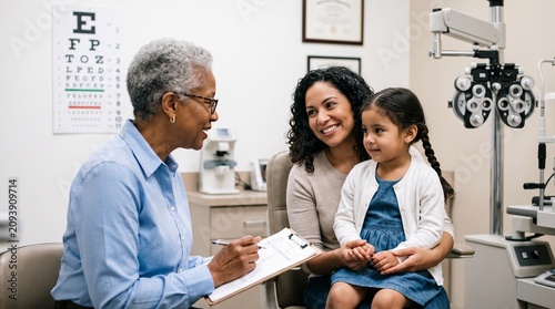 Professional optometrist consulting with mother and child, senior eye doctor examining young patient in clinic, pediatric ophthalmology checkup