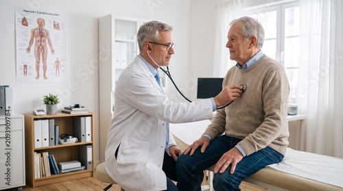 Professional doctor examining senior patient with stethoscope, elderly man receiving medical checkup in clinic, geriatric healthcare and cardiology consultation