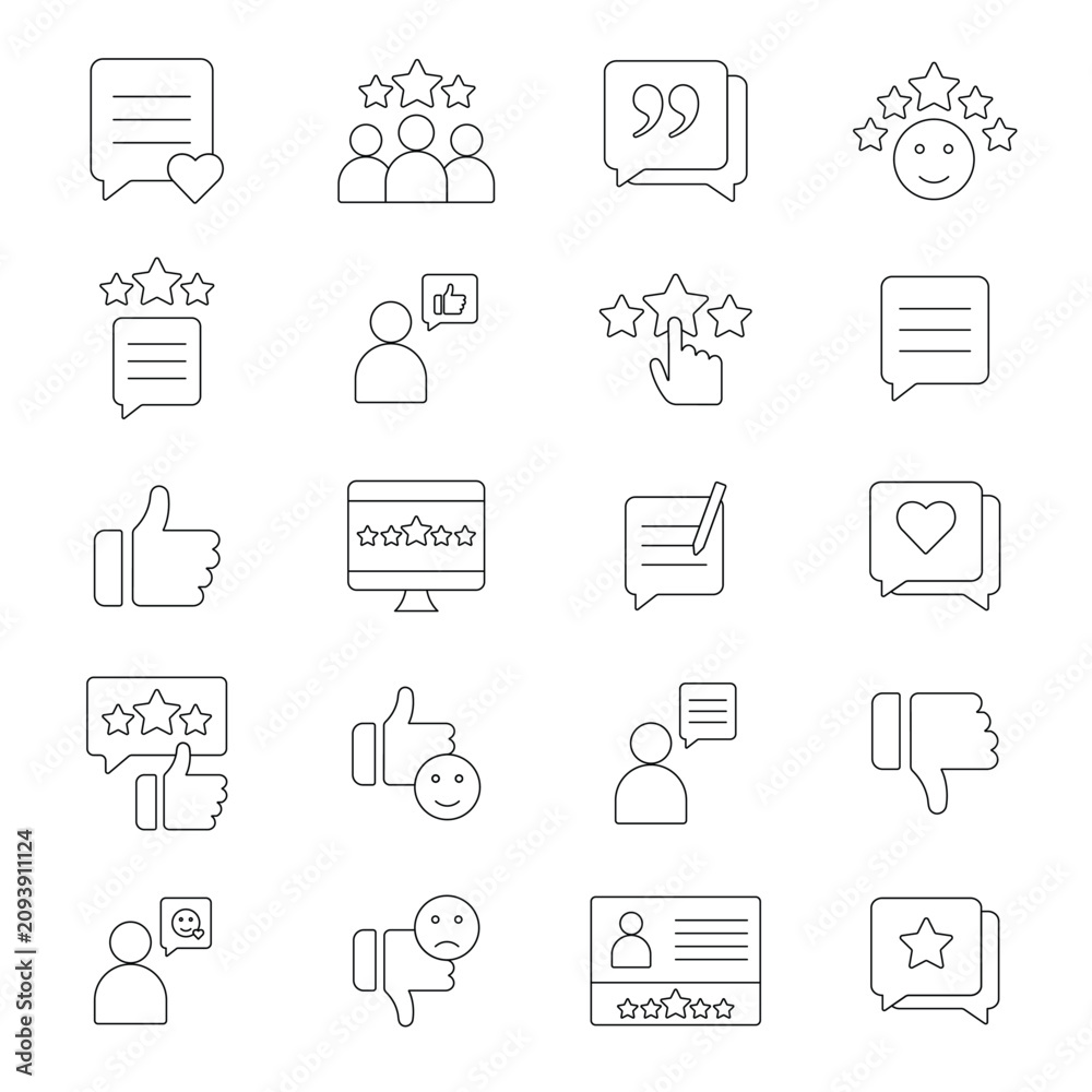 Fototapeta premium Customer review and feedback line icon set. Testimonial and user experience thin line vector set. Vector illustration.