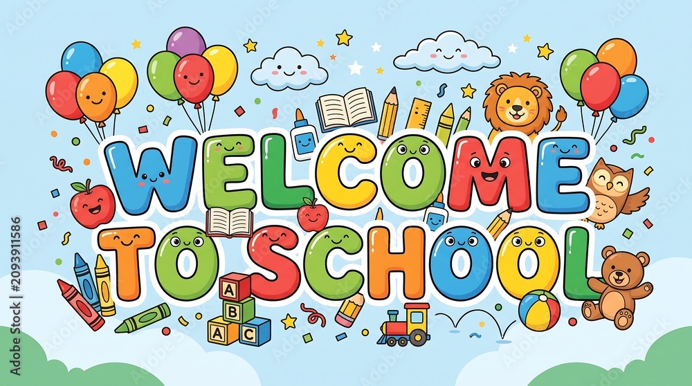 Fototapeta premium Decorative Welcome to School Typography with Cute Classroom Characters and Educational Elements