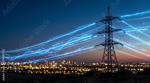 Power Transmission Tower with Smart Grid Energy Lines Above Cityscape, Electricity Infrastructure