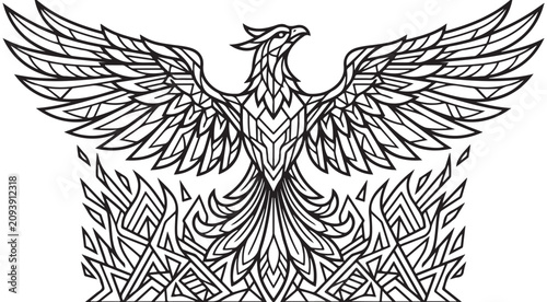 Photos Phoenix bird rising from fire line art vector with spread wings and geometric pa