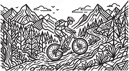 Foto Mountain bike rider on forest trail with mountain peaks and pine trees in black