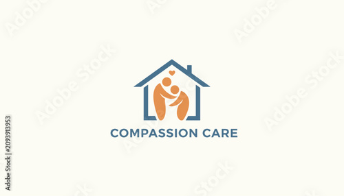 Compassion care logo design with a stylized house outline showing a person caring for an elderly individual.