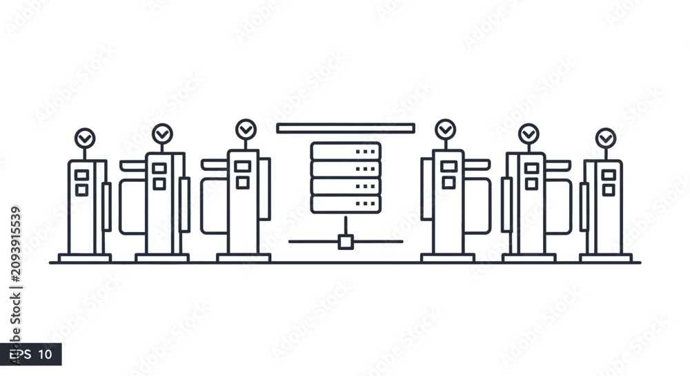 Obraz premium A schematic representation portrays multiple network terminals connected to a central data storage unit for information processing tasks within a professional digital infrastructure management