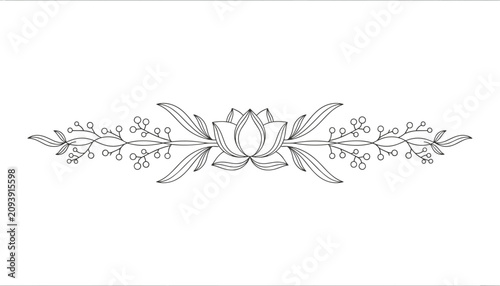Elegant hand-drawn botanical divider line featuring a central blooming lotus flower and small berries.