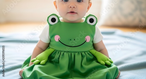 Cute Baby Wearing Green Frog Costume Sitting on Bed Indoors