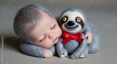 Sleeping Baby Hugging Cute Sloth Plush Toy with Red Bow