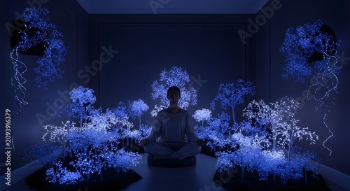 Peaceful Meditation Surrounded by Glowing Blue Flowers in Mystical Zen Room