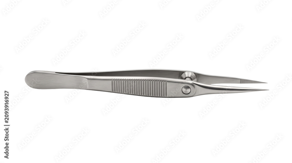 Fototapeta premium Professional stainless steel tweezers, precision surgical forceps for medical procedures, sterile metal laboratory instrument for clinical use isolated PNG with Transparent Background
