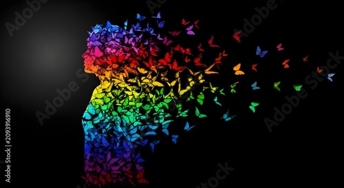 Abstract Human Silhouette Formed by Colorful Flying Butterflies on Black Background