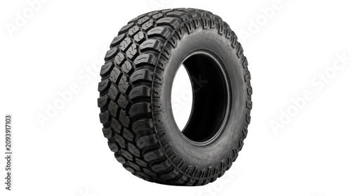 Rugged off-road tire with deep tread pattern, heavy duty black rubber truck tire for extreme terrain, durable all-terrain vehicle wheel component isolated PNG with Transparent Background