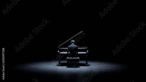 Professional Pianist Performing on Grand Piano with Dramatic Spotlight on Dark Stage
