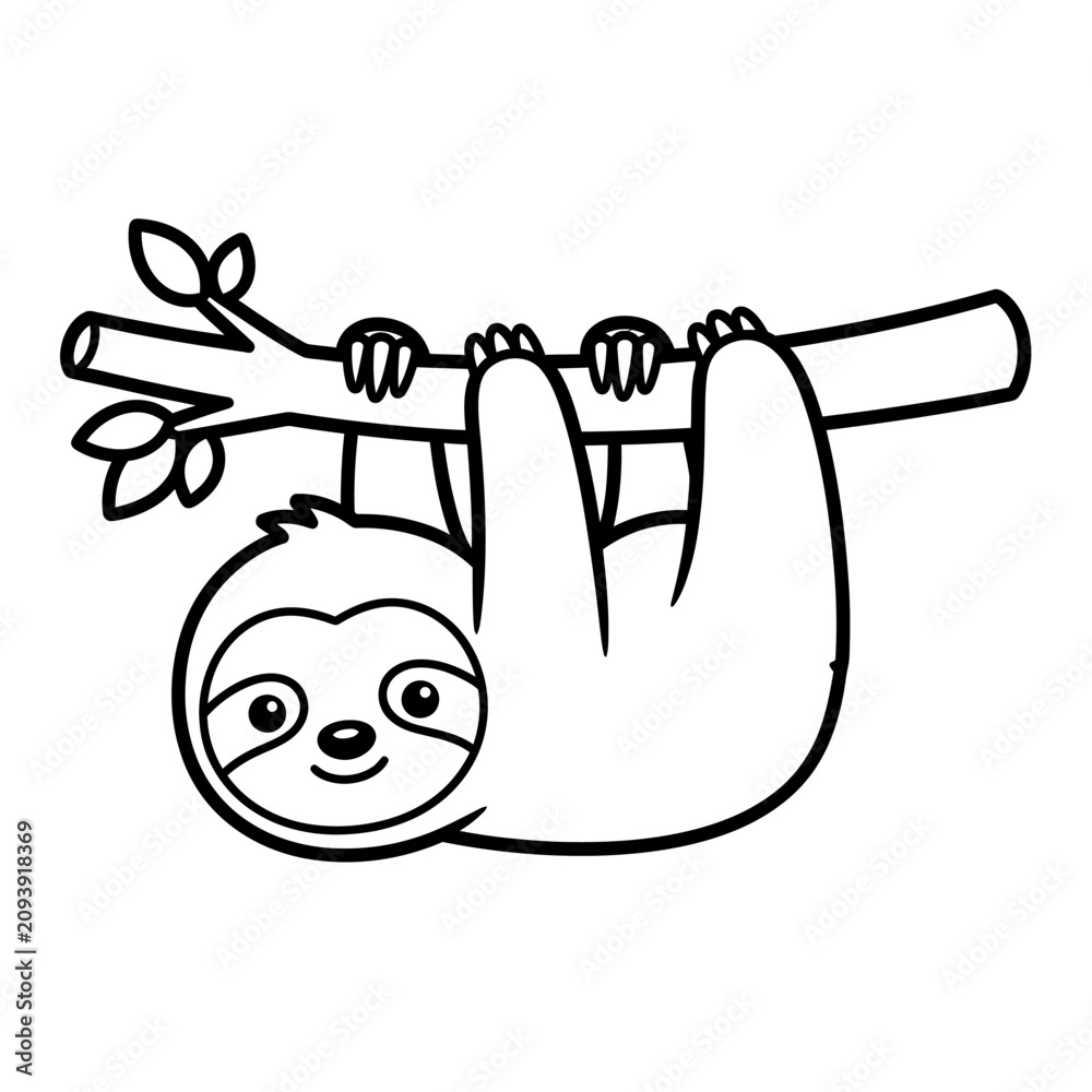 Fototapeta premium Cute cartoon sloth hanging from a tree branch, simple outline drawing, perfect for children's books and educational materials.