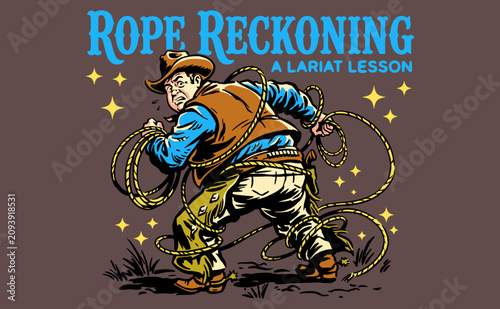Obraz na plátně Rope Reckoning A Lariat Lesson vintage cowboy graphic art for t-shirt, poster, and sticker design