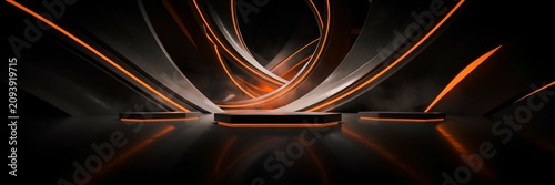 High tech futuristic product showcase background with glowing orange neon rings metallic architectural curves and hexagonal podiums for luxury automotive displays electronics presentations and