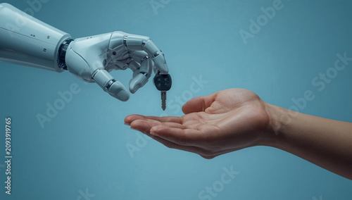 Robotic Hand Handing Over Car Key to a Human Person, Conceptual Image of AI in Automotive Industry and Future Transport Technology