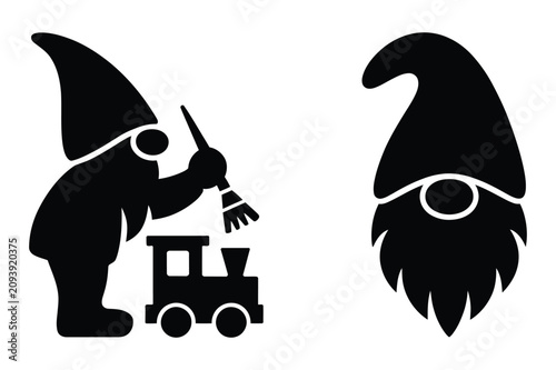 Fotografie Christmas gnomes black silhouettes illustration with toy train and pointy hat
