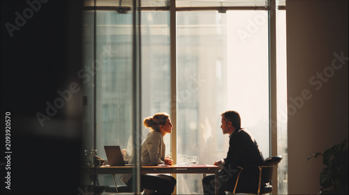 Professional Business Meeting Between Two Executives in a Modern Sunlit Corporate Office Setting