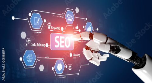 A robotic hand engages with a digital interface showcasing SEO elements, data mining, and planning, highlighting the fusion of technology and marketing strategies. Tessel