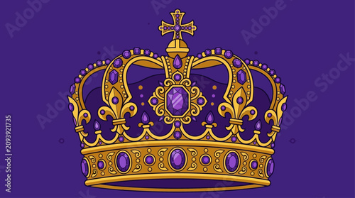 Crown decorated with vibrant purple jewels and gold filigree represents royal authority.