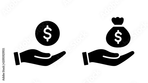 Two black icons show a hand offering a dollar coin and a money bag with a dollar sign.